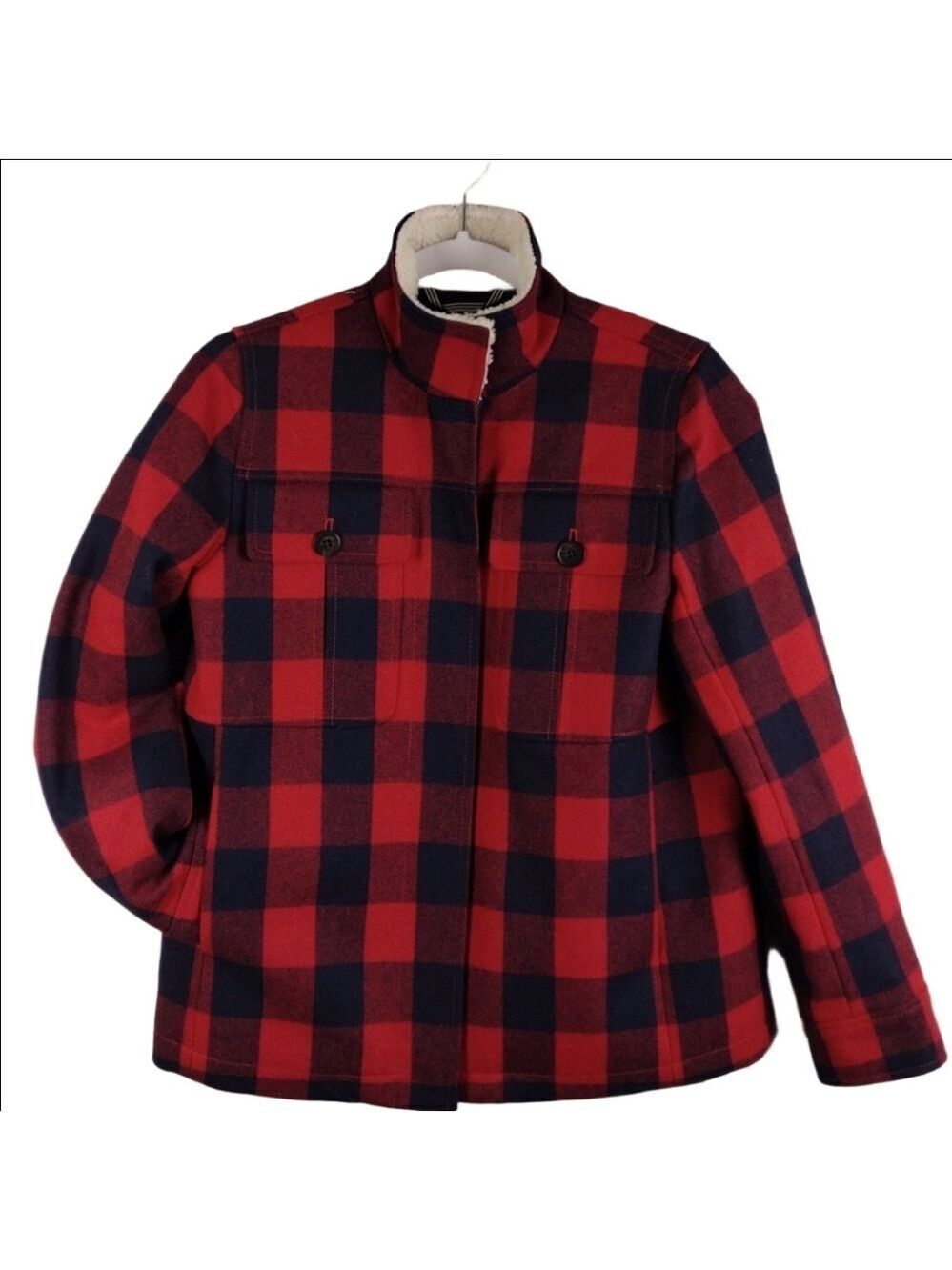 J. Crew Wool Flannel Red Navy Buffalo Check Sherpa Lined Long Sleeve Zip Up Coat